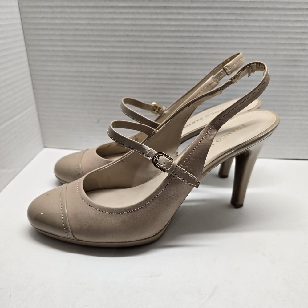 Franco Sarto Dazzle Slingback Heels Tan‎ Patent Leather Cap Toe Ankle Strap 9.5M - Picture 3 of 7
